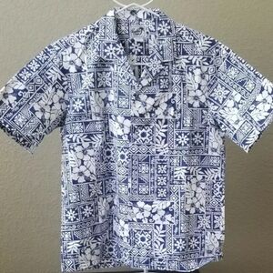 PARADISE STYLE BLUE & WHITE HAWAIIAN BUTTON DOWN MEDIUM FLORAL